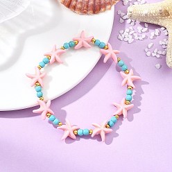 Pink Bracelets extensibles pour femmes, ornés de perles synthétiques turquoise et laiton., étoiles de mer, teint, rose, diamètre intérieur: 2.20 pouce (5.6 cm)
