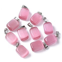 Бледно-Розовый Подвески кошачий глаз, с 201 фурнитурой из нержавеющей стали, прямоугольные, цвет нержавеющей стали, розовый жемчуг, 20x12x9 мм, отверстие : 7x4 мм