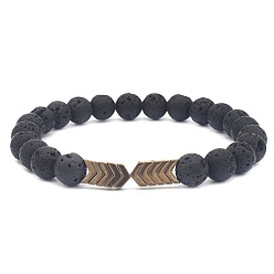 (932FM) Темно-синий аква-матовый с подкладкой Эластичные браслеты из натуральной лавовой породы и синтетических немагнитных гематитовых бусин с гальваническим покрытием., Украшения с подвеской в виде стрелы для мужчин, темно-золотистые, 7.28 дюйм (18.5 см) ~ 7.68 дюйм (19.5 см)