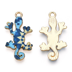 Marine Blue Alloy Enamel Pendants, Light Gold, Gecko Charm, Marine Blue, 27x14.5x1.5mm, Hole: 1.6mm