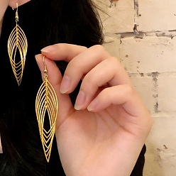 Golden Alloy Dangle Earrings for Women, Leaf, Golden, 45mm