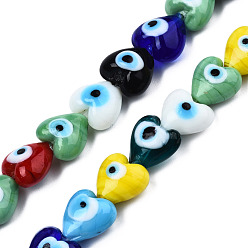 Colorful Handmade Evil Eye Lampwork Beads Strands, Heart, Colorful, 12~12.5x12~13x7.5mm, Hole: 1.2mm, about 33pcs/strand, 14.76 inch(37.5cm)