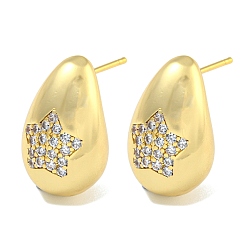 Star Rack Plating Brass Micro Pave Clear Cubic Zirconia Stud Earring, Cadmium Free & Lead Free, Long-Lasting Plated, Teardrop, Real 18K Gold Plated, Star, 19x12mm