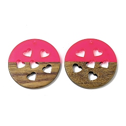 Ярко-Розовый Подвески из смолы и ореха, плоский круглый с услышанным, подарок на День святого Валентина, ярко-розовый, 38x3.5 мм, отверстие : 2 мм