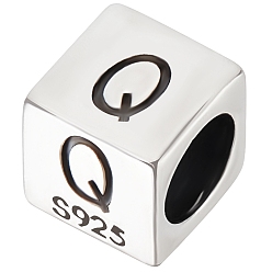 Letter Q Sterling Silver Beads, Cube, European Bead, Letter Q, 6x6x6mm, Hole: 4.5mm