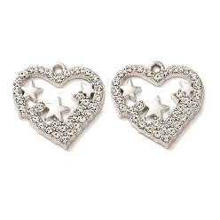 Platino Colgantes de aleación de rhinestone, corazón con amuletos de estrellas, Platino, 20x20x2 mm, agujero: 1.5 mm