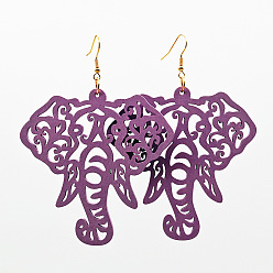 Серо-розавый Полые деревянные серьги-подвески, головой слона, золотые, увядшая роза, 98x73 мм