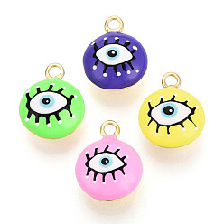 (52) Непрозрачная лаванда Латунь эмаль прелести, реальный 18 k позолоченный, долговечный, без кадмия, без никеля и без свинца, плоские круглые с сглаза, разноцветные, 19x15.5x8 мм, отверстие : 2 мм
