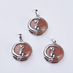 Goldstone Goldstone Kitten Pendants, with Brass Findings, Flat Round with Cat & Crescent Moon Shape, Platinum, 32x27.5x10mm, Hole: 5x7mm