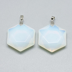 Opalite Opalite Pendants, with Brass Findings, Hexagon, Platinum, 28x25x9.5mm, Hole: 4mm
