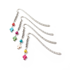 Mixed Color Dyed Synthetic Turquoise Cross Pendants Bookmarks, Alloy Beaded Bookmarks, Mixed Color, 83.5x13x1.5mm