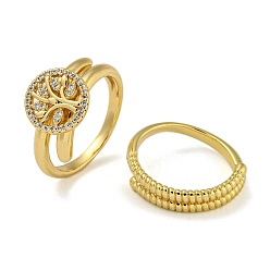 Настоящее золото 18K Плоские круглые с деревом жизни латунные микропаве прозрачные кубические цирконии двойные кольца, для женщин, без кадмия и без свинца, реальный 18 k позолоченный, внутренний диаметр: 18 мм, плоско-круглые: 12 mm, 2 шт / комплект