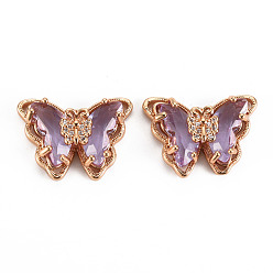 Сливовый Стеклянные подвески, с латунным микро проложить кубического циркония, граненые, бабочка, золотой свет, слива, 15x21x6 мм, отверстие : 1.2 мм