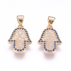 Настоящее золото 18K Латунные микро проложить кубического циркония подвески, hamsa рука / рука fatima / рука miriam, реальный 18 k позолоченный, 17.5x12x2 мм, отверстие : 3.5x5 мм