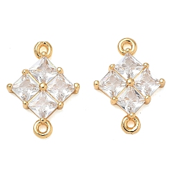 Chapado en Oro Real 18K Colgantes de conector de circonita cúbica transparente con pavé de latón, enlaces de rombo, real 18 k chapado en oro, 17.5x12.5x3.5 mm, agujero: 1.2 mm