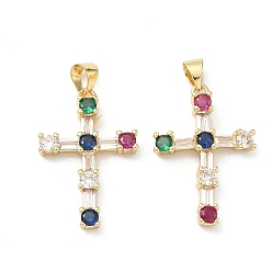 Разноцветный Латунные микро проложить кубического циркония подвески, реальный 16 k позолоченный, крест прелести, красочный, 25.5x17.5x4.5 мм, отверстие : 5x3.5 мм
