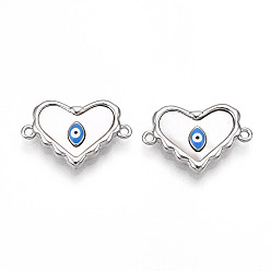 Платина Подвески-соединители в форме сердца из натуральной латуни с паве, доджер синяя эмаль злые глазные ссылки, платина, 13x19.5x3 мм, отверстие : 1.2 мм