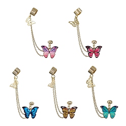 Mixed Color Butterfly 304 Stainless Steel Cuff Earring Chains, Alloy Stud Earrings Crawler Earrings, Mixed Color, 84mm