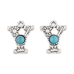 Letter Y Подвески из синтетической бирюзы и сплавов, письмо амулеты, античное серебро, Письмо Y, 24x18x4 мм, отверстие : 3 мм