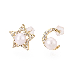 Real 18K Gold Plated Star & Moon Brass Micro Pave Clear Cubic Zirconia Stud Earrings, with Natural Pearl, Asymmetrical Earrings, Real 18K Gold Plated, Star: 12~13x12~13mm, Moon: 10.5~11x8.5mm
