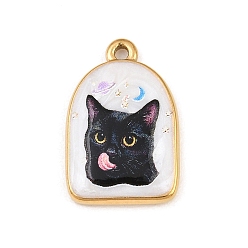 Golden Printed 304 Stainless Steel Pendants, Arch with Cat Shape Charms, Black, Golden, 23x15.5x3.5mm, Hole: 1.7mm
