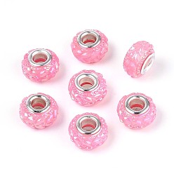 Бледно-Розовый Непрозрачная смола европейский бисер, бусины с большим отверстием, рондель с латунными сердечниками, покрытыми серебром, розовый жемчуг, 13.5~14x8.2~9 мм, отверстие : 5 мм