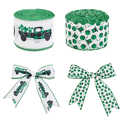 Mixed Patterns Polyester Ribbon, Single Face Car & Clover Pattern, for Gift Wrapping, Floral Bows Crafts Decoration, Mixed Patterns, 2-1/2 inch(63mm), about 10yards/roll(9.14m/roll), 2patterns, 1roll/pattern, 2rolls/set
