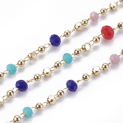 Разноцветный Ручной цепи стекло бисером, пайки, с медными цепями и бусами, долговечный, с катушкой, граненые, шайба, реальный 18 k позолоченный, красочный, 1.5x1.5x1.5 мм, около 32.8 футов (10 м) / рулон