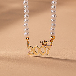 Number Женские ожерелья из круглого белого бисера с имитацией жемчуга и подвеской в виде короны в виде года рождения, золотые, число 2007, 14.96 дюйм (38 см)
