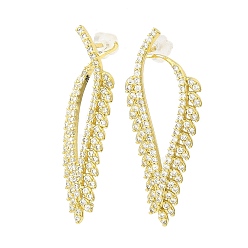 Real 18K Gold Plated Hollow Leaf Brass Stud Earrings, with Clear Cubic Zirconia, Long-Lasting Plated, Lead Free & Cadmium Free, Real 18K Gold Plated, 37x14mm