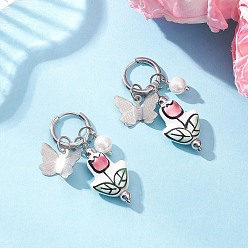 Нержавеющая Сталь Цвет Цветок с бабочкой 304 серьги-кольца из нержавеющей стали, с фарфоровыми бусинами, латунными бусинами и ракушечным жемчугом, цвет нержавеющей стали, 43 мм