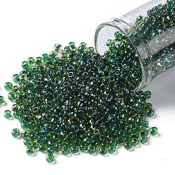 (242) Inside Color Jonquil/Emerald Lined Toho runde Rocailles, japanische Rocailles, (242) Innenfarbe mit Jonquille / Smaragd gefüttert, 8/0, 3 mm, Bohrung: 1 mm, über 222pcs / Flasche, 10 g / Flasche