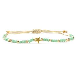 Весенне-зеленый Регулируемые браслеты из стеклянного бисера, латунь звезда шарм браслеты для женщин, весенний зеленый, 11.02 дюйм (28 см)