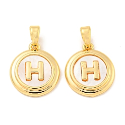 Echt 18 k vergoldet Natürliche Muschel und Messing, flach, rund, mit Anhängern vom Buchstaben „H“ und Schnappösen, echt 18 k vergoldet, 15x13x3 mm, Bohrung: 4x2 mm