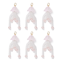 Pink Подвески из стеклянных бусин в виде медуз, с акриловыми бусинами, имитирующими жемчуг, и 304 соединительными кольцами из нержавеющей стали, розовые, 34.5x11 мм, отверстие : 3 мм