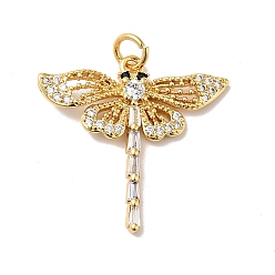 Golden Rack Plating Brass Clear & Black Cubic Zirconia Pendants, Dragonfly Charm, with Jump Ring, Cadmium Free & Nickel Free & Lead Free, Long-Lasting Plated, Golden, 25mm, Dragonfly: 22.5x23.5x2.5mm, Hole: 3.4mm