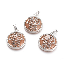 Красный Авантюрин Натуральный красный авантюрин подвески, с латунной фурнитурой платинового цвета, квартира с рукой хамсы/рукой мириам, 31x27.5x8.5 мм, отверстие : 6.5x4 мм