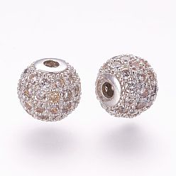 Платина Латунные микро проложить кубического циркония бусы, круглые, прозрачные, платина, 8 мм, отверстие : 2 мм