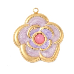 чертополох Крашеные натуральный белый нефрит подвески, подвески-цветы из эмали из нержавеющей стали, реальный 18 k позолоченный, чертополох, 24.5x21.5x4 мм, отверстие : 1.4 мм