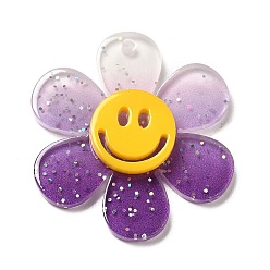 Purple Gradient Color Transparent Acrylic Pendants, with Sequins, Sunflower with Smiling Face Charm, Purple, 30x27x4mm, Hole: 1.6mm