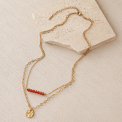 Carnelian 304 Stainless Steel Textured Coin Pendant Double Layer Necklaces, Faceted Round Natural Carnelian(Dyed & Heated) Necklaces for Women, Real 18K Gold Plated, 15.75 inch(40cm)