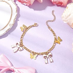 Белый 304 из нержавеющей стали Фигаро цепи браслеты, латунные филигранные и эмалевые подвески из сплава с подвесками-браслетами для женщин, бабочка и бантик, белые, 7-1/4 дюйм (18.4 см)