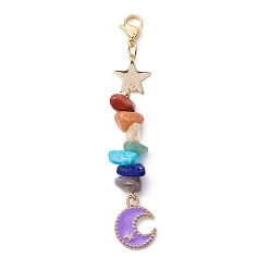 Dark Orchid Moon Alloy Enamel Pendant Decorations, with Chakra Gemstone Chips & Brass Star Link and 304 Stainless Steel Lobster Claw Clasps, Dark Orchid, 78mm
