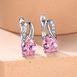 Бледно-Розовый Латунь кубического циркония серьги стержня, овальные, платина, розовый жемчуг, 16x13 мм