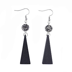 Jet Hematite Polymer Clay Rhinestone Dangle Earrings, with Pear Wood Pendants and 304 Stainless Steel Earring Hooks, Hematite, 74~76mm, Pin: 0.6mm