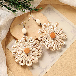 Цветок Богемные серьги-подвески из дерева и ротанга, сплетенные из разных пород дерева., с кокосом, платина, цветок, 110x80 мм