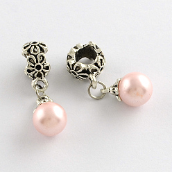 Pink Alloy European Dangle Charms, with Round ABS Plastic Imitation Pearl, Antique Silver, Pink, 31mm, Hole: 6mm