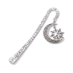 Antique Silver Tibetan Style Alloy Moon & Sun Pendant Bookmarks, Flower Pattern Hook Bookmarks, Antique Silver, 124mm