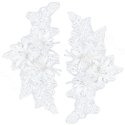 White 2Pcs Polyester Computerized Embroidered Appliques, with Resin Bead, Flower, White, 295x150x9.5mm