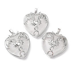 Латунь Подвеска в форме сердца из натурального кварца и стразов, горного хрусталя, подвески в виде крыльев из латуни с платиновым покрытием, долговечный, пригодный для стразов 3 мм, 37x33x10~11.5 мм, отверстие : 8x5 мм